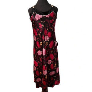 Vintage Y2K Jones New York Black Floral Satin Slip Dress Velvet Trim Large